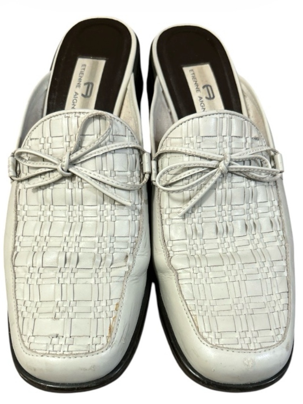Etienne Aigner White Braided Leather Slip-On Loafers with Bow Detail